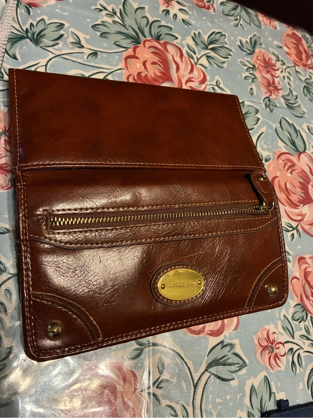 Franco Sarto Brown Leather Zip Wallet with Gold Plaque